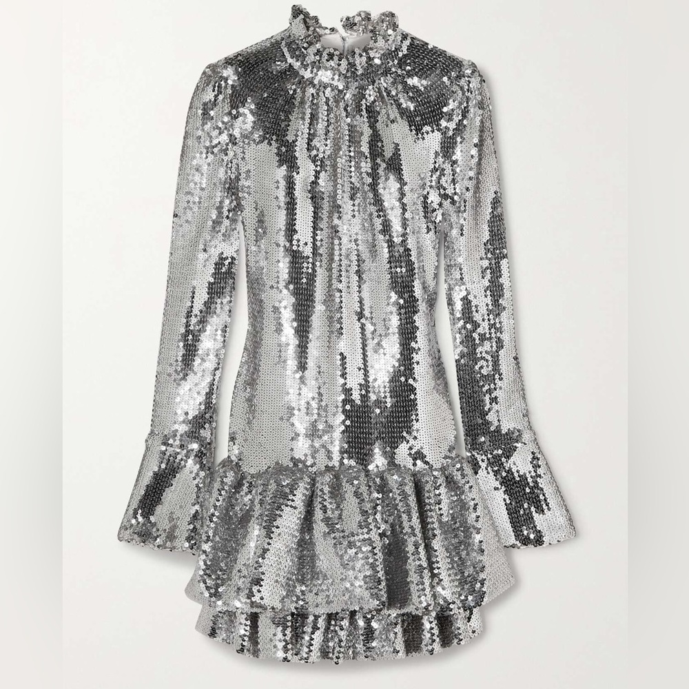 Paco Rabanne Ruffled sequined stretch-tulle Long Sleeve mini dress FR38/US6
